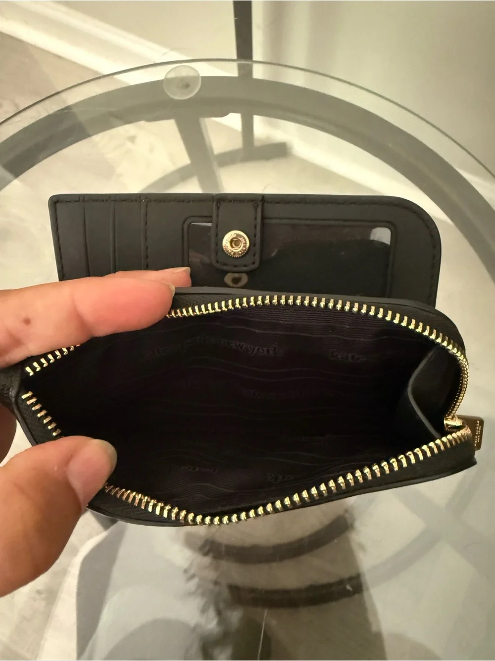 kate spade black leather bifold card wallet with zip coin pocket